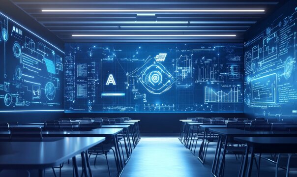 Classroom with desks and futuristic screen.