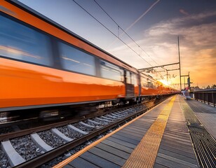 A high-speed orange passenger train streaks across a railway platform at sunset, showcasing modern transportation.