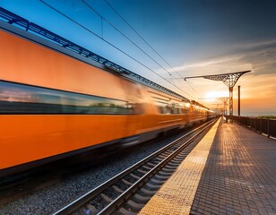 Fototapeta premium A high-speed orange passenger train streaks across a railway platform at sunset, showcasing modern transportation.