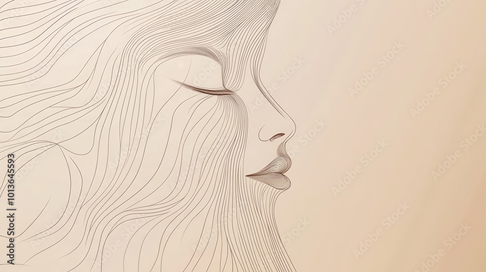Poster flowing lines gracefully outline a female face, highlighting serene features against a soft, warm ba