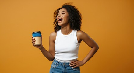 Happy woman laughing while holding a takeaway coffee cup