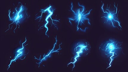 Cartoon lightning animation frames set, including electric strikes, magic electricity hits, and thunderbolt effects