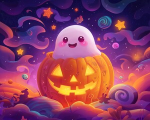 Fototapeta premium Happy Ghost in a Colorful Pumpkin Scene