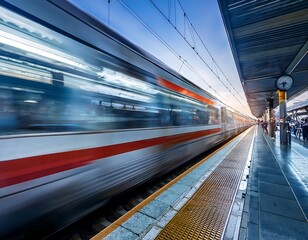 A speeding suburban train leaves a trail of motion blur as it navigates a busy city station.