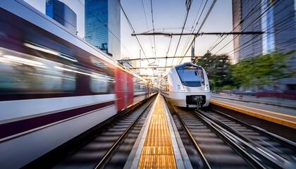 Naklejka premium A suburban train blurs through a city station, capturing the fast-paced energy of modern urban life.
