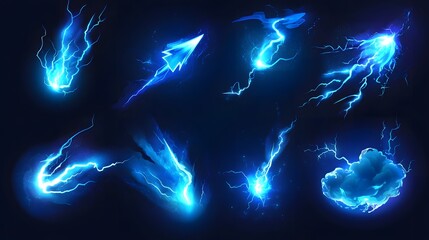 Cartoon lightning animation frames set, including electric strikes, magic electricity hits, and thunderbolt effects