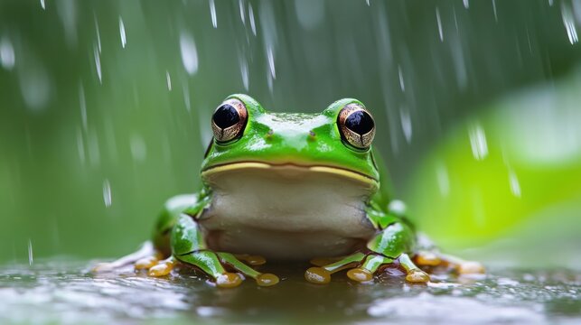 European tree frog in rain.