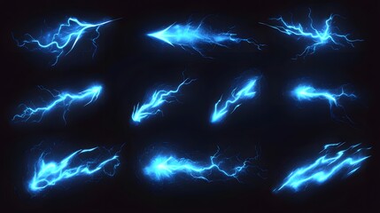 Cartoon lightning animation frames set, including electric strikes, magic electricity hits, and thunderbolt effects