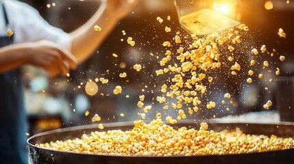 A popcorn vendor popping fresh kernels in a bustling marketplace, golden corn spilling over, [Business of Popping Corn Day], [street food, popcorn industry], ,
