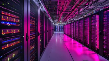 Fototapeta premium A captivating view of a large data center highlights its advanced technology, featuring interconnected servers and vibrant LED