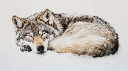 Fototapeta premium A peaceful wolf resting with its eyes closed, curled up comfortably on a white background, representing calmness and protection.