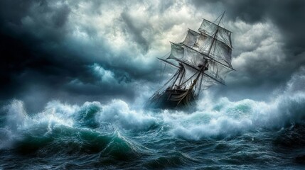 Stormy Seas, a ship grapples with towering waves amidst dark clouds, a dramatic struggle for survival against nature's fury.