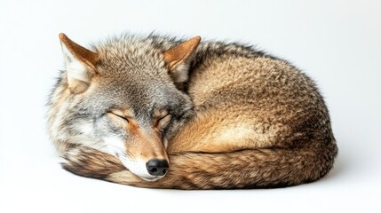 Fototapeta premium A peaceful wolf resting with its eyes closed, curled up comfortably on a white background, representing calmness and protection.