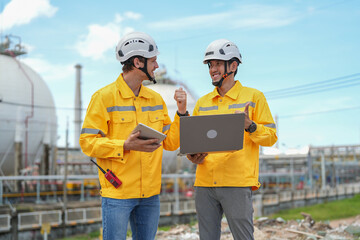portrait young diverse engineer in hardhat using computer devices for discussion while inspection in oil refinery industry
