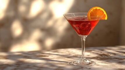 A vibrant cocktail with an orange slice, set against a softly lit background.