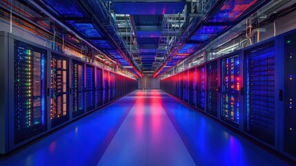 Obraz premium A captivating view of a large data center highlights its advanced technology, featuring interconnected servers and vibrant LED