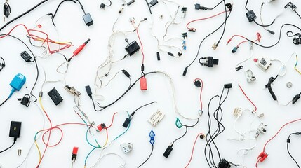 A scattered collection of telephone cables and connectors, displayed on a white background, ideal for illustrating tech and communication concepts.