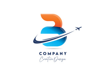 B corporate letter alphabet logo icon design with swoosh plane suitable for an air or aerospace travel company or business