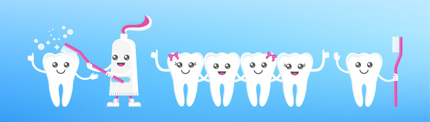 Funny cute smile and sad teeth characters. Dental health.
