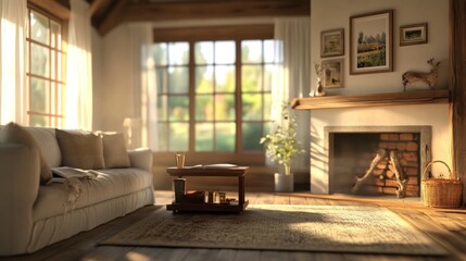 Fototapeta premium A cozy living room with a sofa, coffee table, and a fireplace, creating a warm atmosphere.