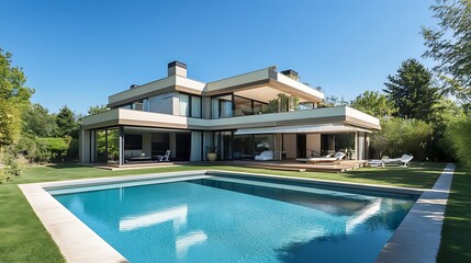 A large, modern house with a pool and lush landscaping.

