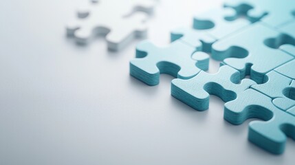 3D Jigsaw Puzzle Symbolizing Business Challenges, Partnership, Development, Cooperation, Teamwork, Clean Minimalist Setting, High-Quality Render, Close-Up View
