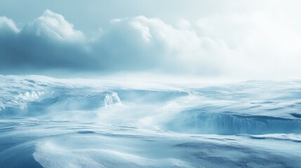 Arctic Serenity, Vast icy expanse under swirling cold gas clouds, Dominant blue and gray hues, Intricate ice textures, Ethereal mist enveloping the scene