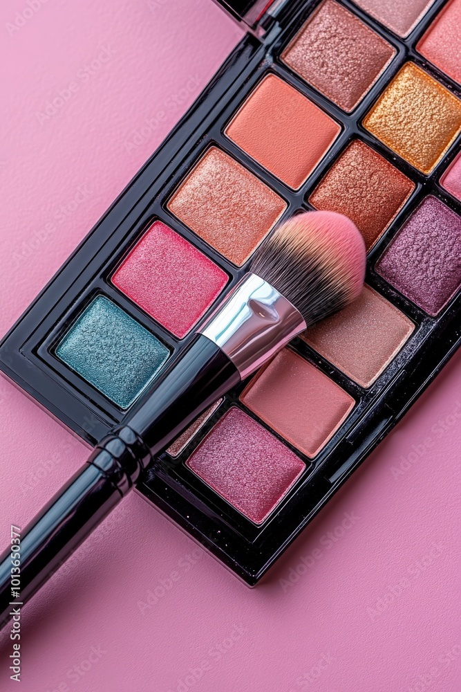 Wall mural a colorful makeup palette featuring blush and eyeshadow tones on a pink background