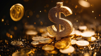 Glittering dollar sign amidst scattered golden coins under sparkling lights
