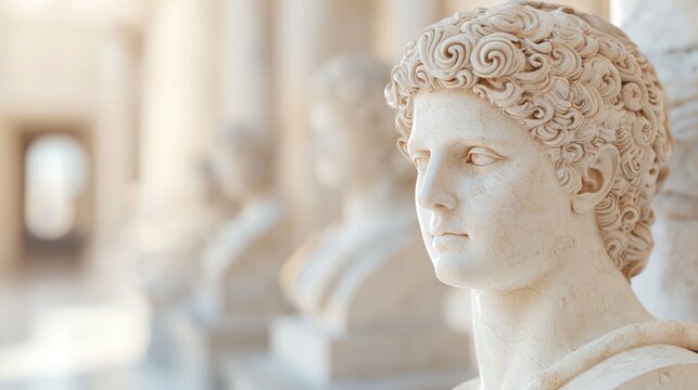 Antique Elegance in Interior Design, a 3D illustration showcasing classical statues of Apollo and Doryphoros, surrounded by an artistic ambiance, emphasizing rich historical detail.