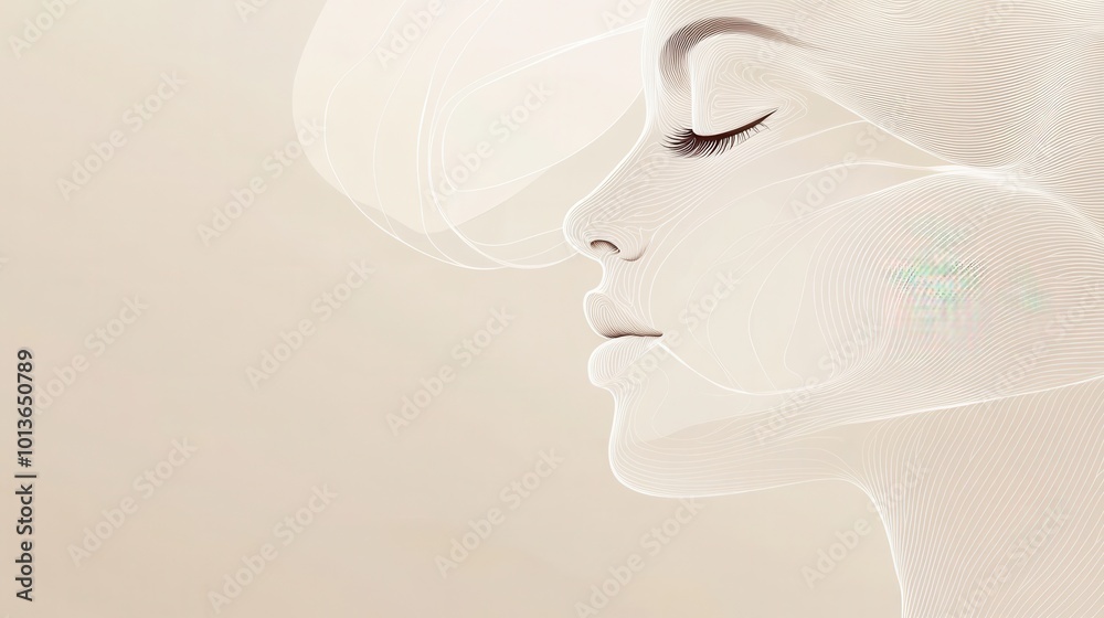Aufkleber an elegant representation of a female face outlined by flowing abstract lines, set against a soothin