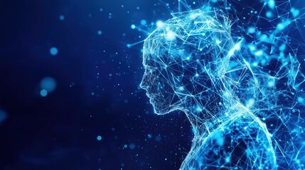 Abstract Human Figure Composed of Blue Polygonal Shapes Gradually Disintegrating into a Network of Floating Connections and Particles, 