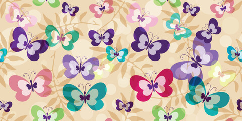 Vector seamless hand drawn floral pattern with colorful butterflies and liaves