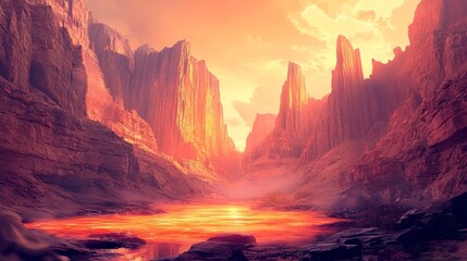 Fototapeta premium Futuristic Desert Canyon Oasis, towering rock formations, holographic water, warm tones, intricate digital art, vibrant sci-fi landscape