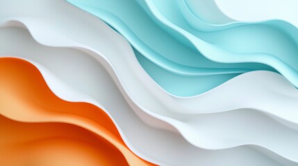 Fototapeta premium Elegant abstract wall art featuring flowing wavy shapes in white, blue, and orange, perfect for modern interior decoration, enhancing any space with a vibrant touch.