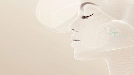 An elegant representation of a female face outlined by flowing abstract lines, set against a soothing neutral backdrop. Generative AI