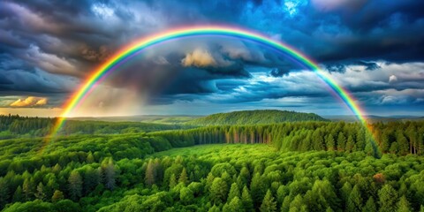 Naklejka premium Rainbow stretching across the sky over a lush green forest, nature, colorful, sky, trees, vibrant, beauty, rainbow