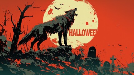 wolf howling at bloody moon. inscription "HALLOWEEN"