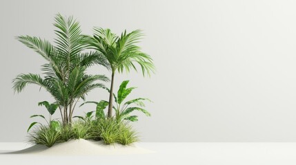 Fototapeta premium Tropical Paradise, 3D depiction of a palm tree with lush green leaves and vibrant grass, embodying summer travel and beach vacation vibes in a serene minimalist setting