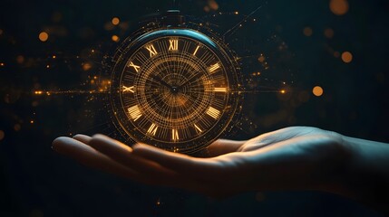 Clock on hand displaying time with digital data, symbolizing time management and business planning