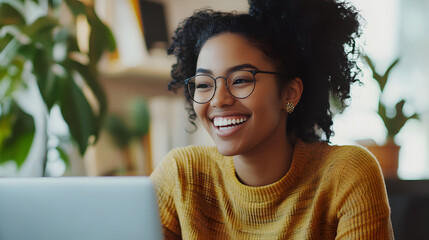 Happy young woman working remotely on a virtual video team meeting call, remote work and flexible culture concept. Inclusive and diverse dei workplace with a blasian african american businesswoman