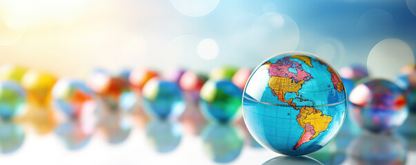 A colorful globe surrounded by vibrant glass marbles representing continents and oceans glows softly in the background