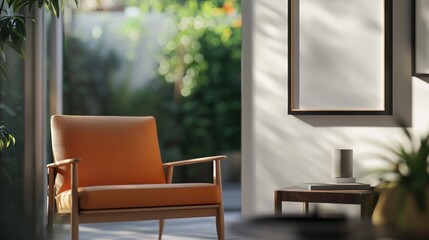 A cozy interior scene featuring an orange chair and a serene outdoor view.