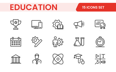 Education line icons collection. Big UI icon set in a flat design. Thin outline icons pack. Thin line icons set of academic subjects and education. Outline symbol collection.