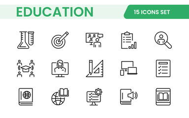Education line icons collection. Big UI icon set in a flat design. Thin outline icons pack. Thin line icons set of academic subjects and education. Outline symbol collection.