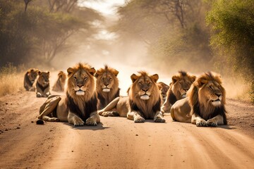 Group of Lions Lying on the Road