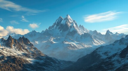 Majestic snow-capped mountain peaks towering under a clear blue sky, with sunlight casting shadows on the rocky terrain.