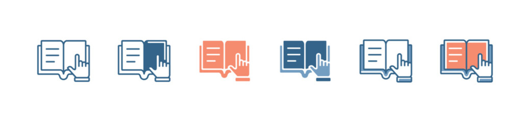 online learning hand pointing read book icon set student learning click book business dictionary education literature vector illustration information guide instruction signs for web and app