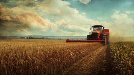 Fototapeta premium Red Tractor Harvesting Corn in a Field Under a Cloudy Sky