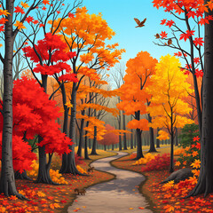 A serene forest path covered in vibrant red, orange, and yellow leaves, capturing the essence of autumn&rsquo;s beauty and tranquility. Perfect for nature-themed content or seasonal imagery